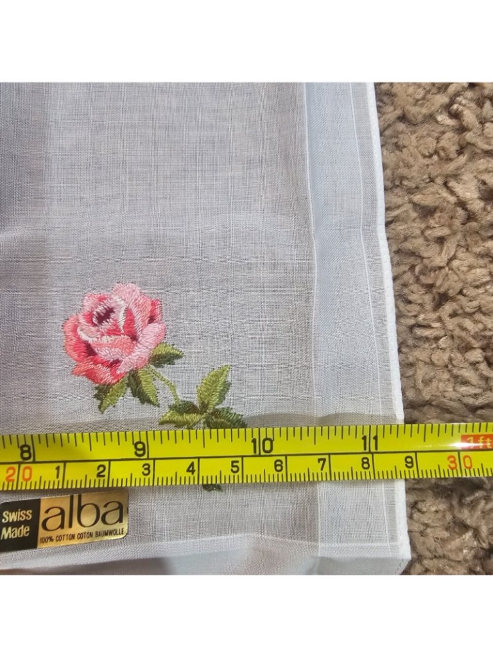 Vintage Alba Swiss Handkerchief Pink Rose Embroidery 11x11 100% Cotton NWT - Picture 8 of 9